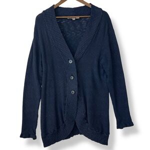 FLAX S Navy Blue Cotton Stretch Knit Button Front Cardigan Sweater Lagenlook